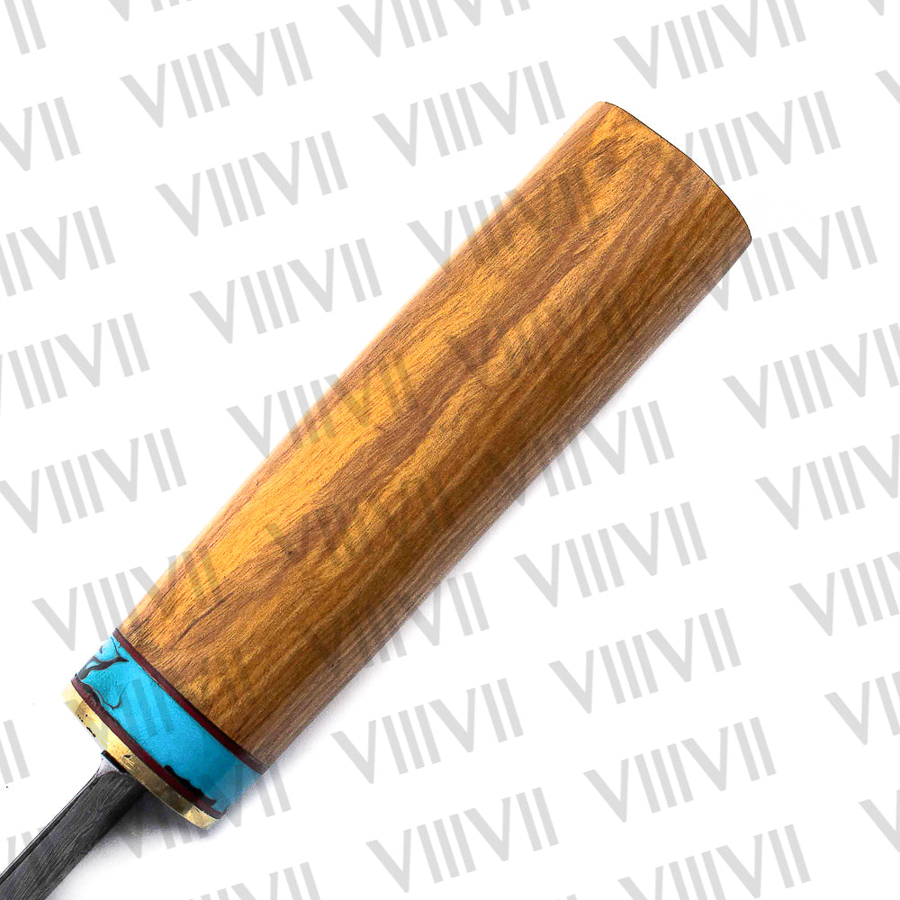 Viking Birka Knife in Damascus Steel – Handmade Norse Knife with Turquoise & Olive Wood Handle