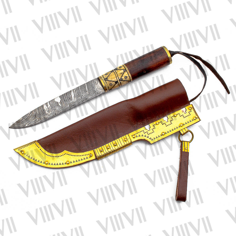 Viking Knife with Damascus Steel Blade | Rosewood & Bone Handle | Norse Pattern Design