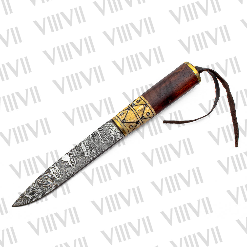 Viking Knife with Damascus Steel Blade | Rosewood & Bone Handle | Norse Pattern Design