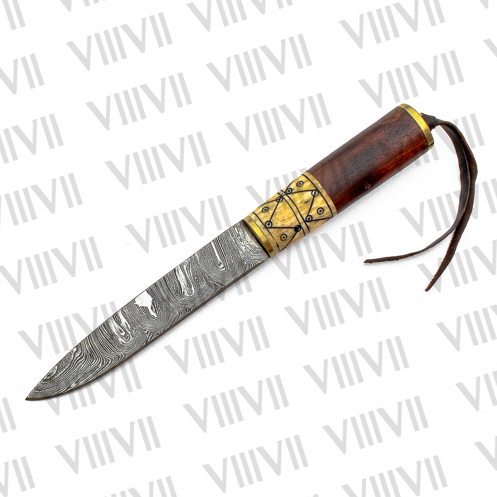 Viking Knife with Damascus Steel Blade | Rosewood & Bone Handle | Norse Pattern Design
