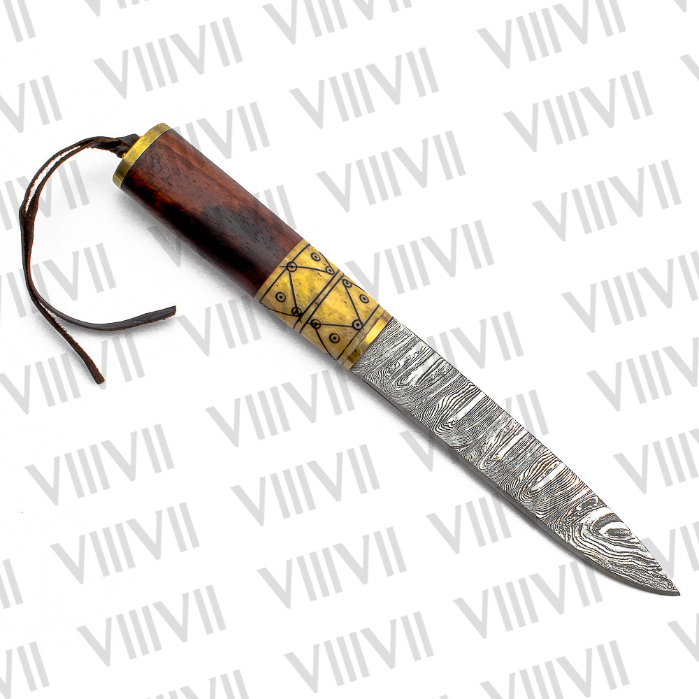 Viking Knife with Damascus Steel Blade | Rosewood & Bone Handle | Norse Pattern Design