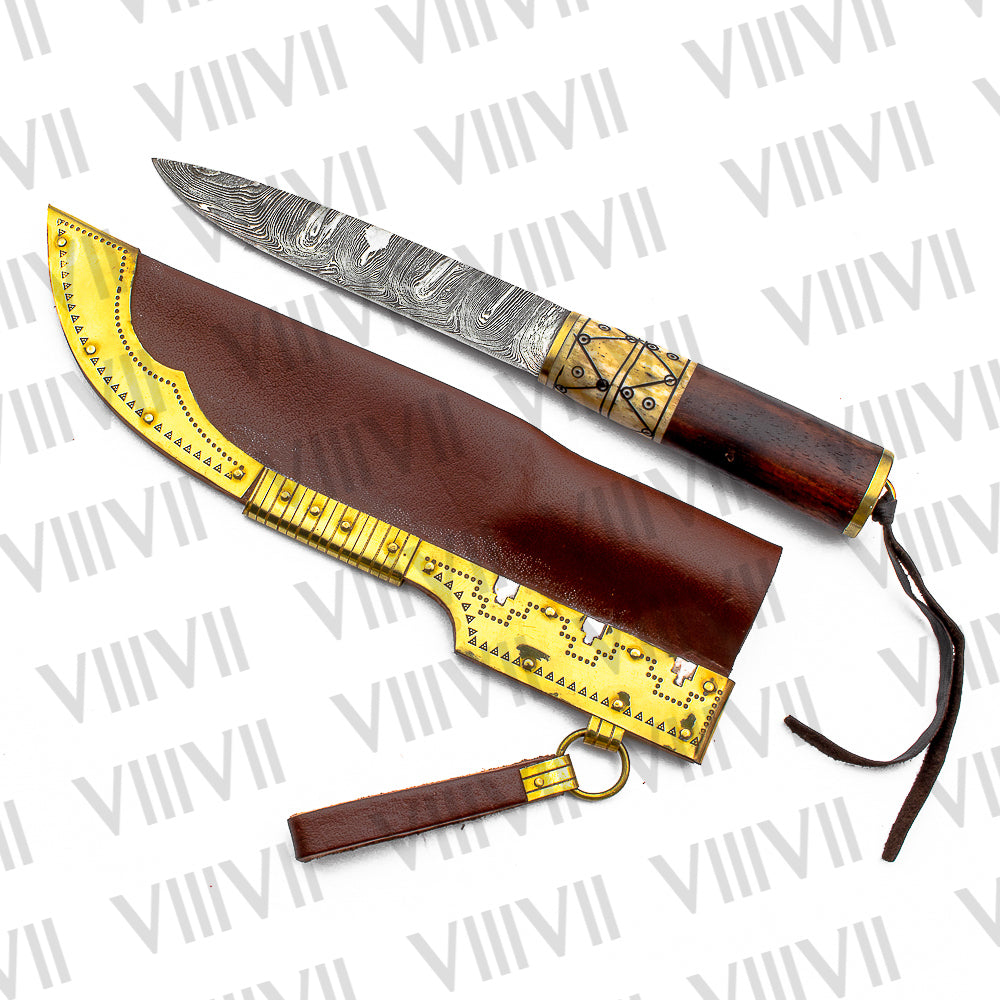 Viking Knife with Damascus Steel Blade | Rosewood & Bone Handle | Norse Pattern Design