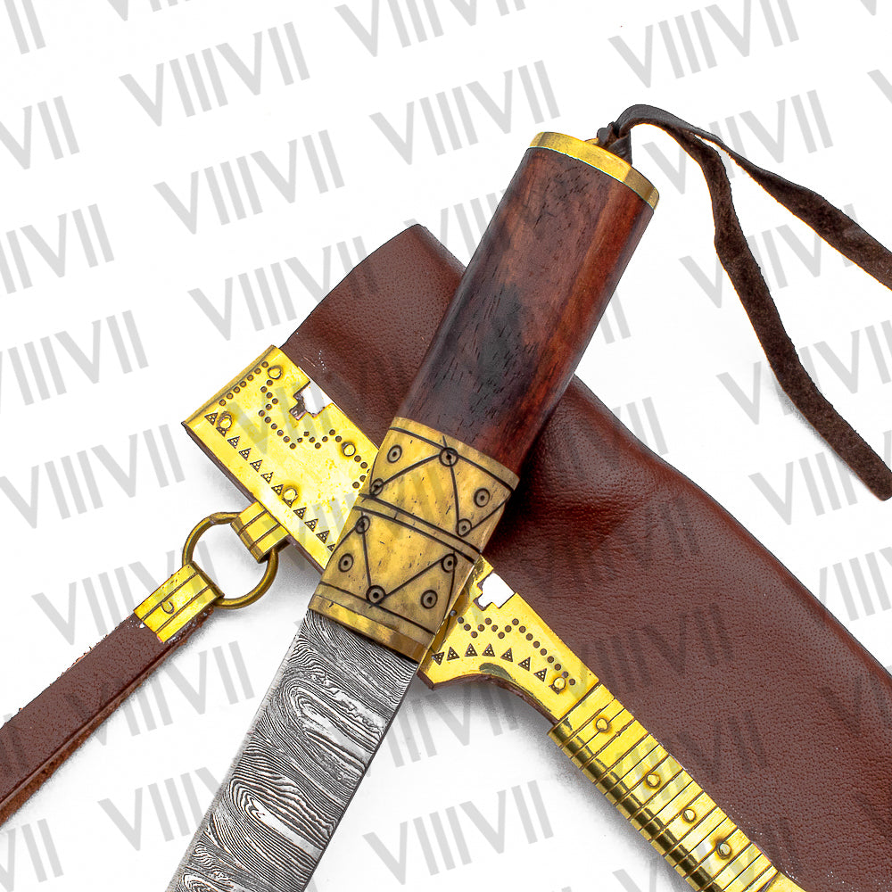 Viking Knife with Damascus Steel Blade | Rosewood & Bone Handle | Norse Pattern Design