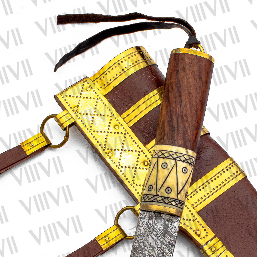Viking Knife with Damascus Steel Blade | Bone & Wood Handle | Hand Engraved Norse Pattern