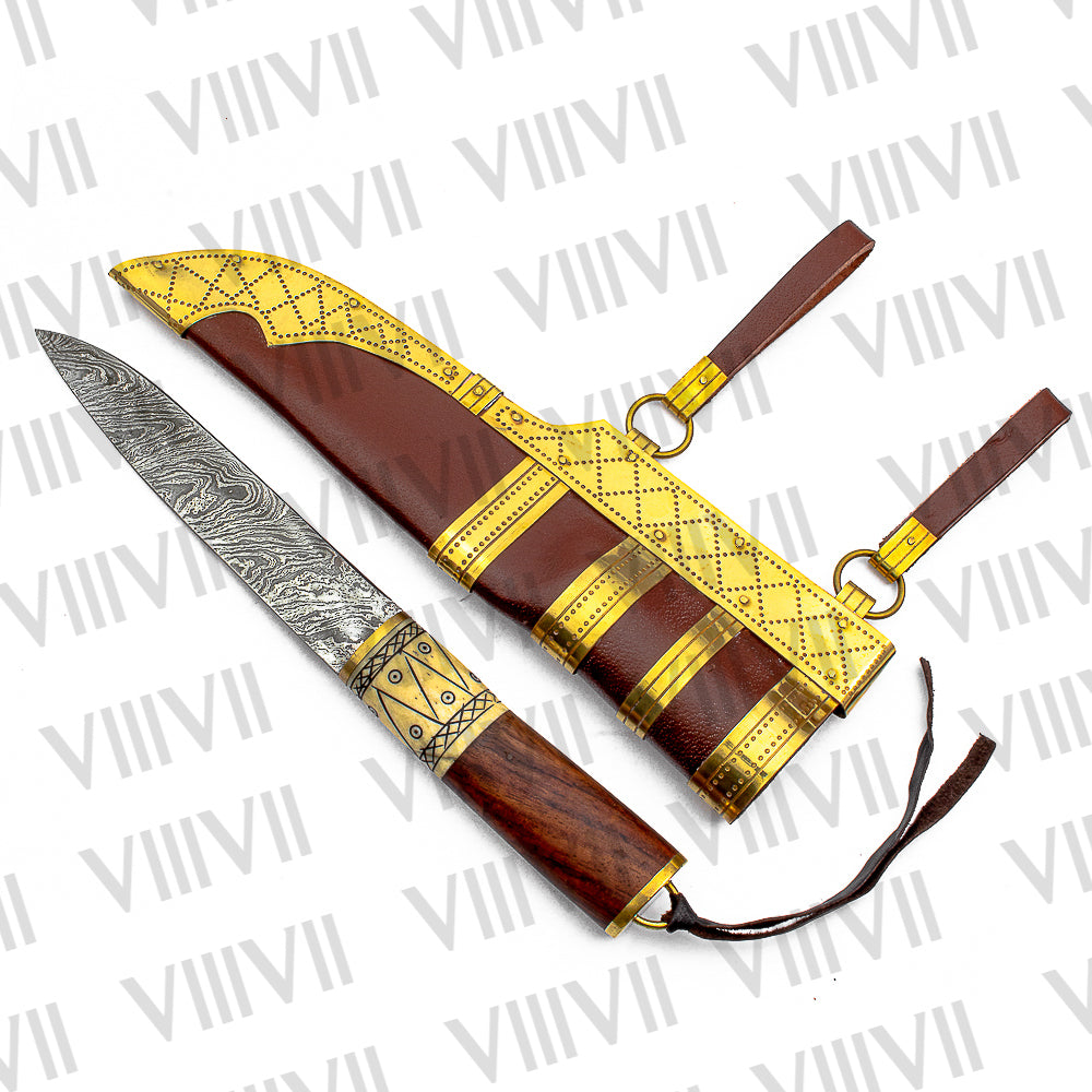 Viking Knife with Damascus Steel Blade | Bone & Wood Handle | Hand Engraved Norse Pattern