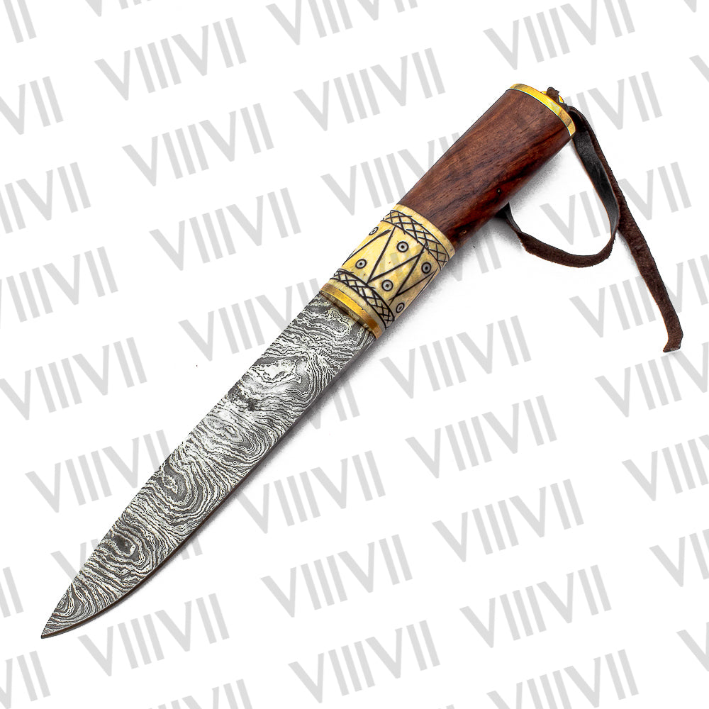 Viking Knife with Damascus Steel Blade | Bone & Wood Handle | Hand Engraved Norse Pattern