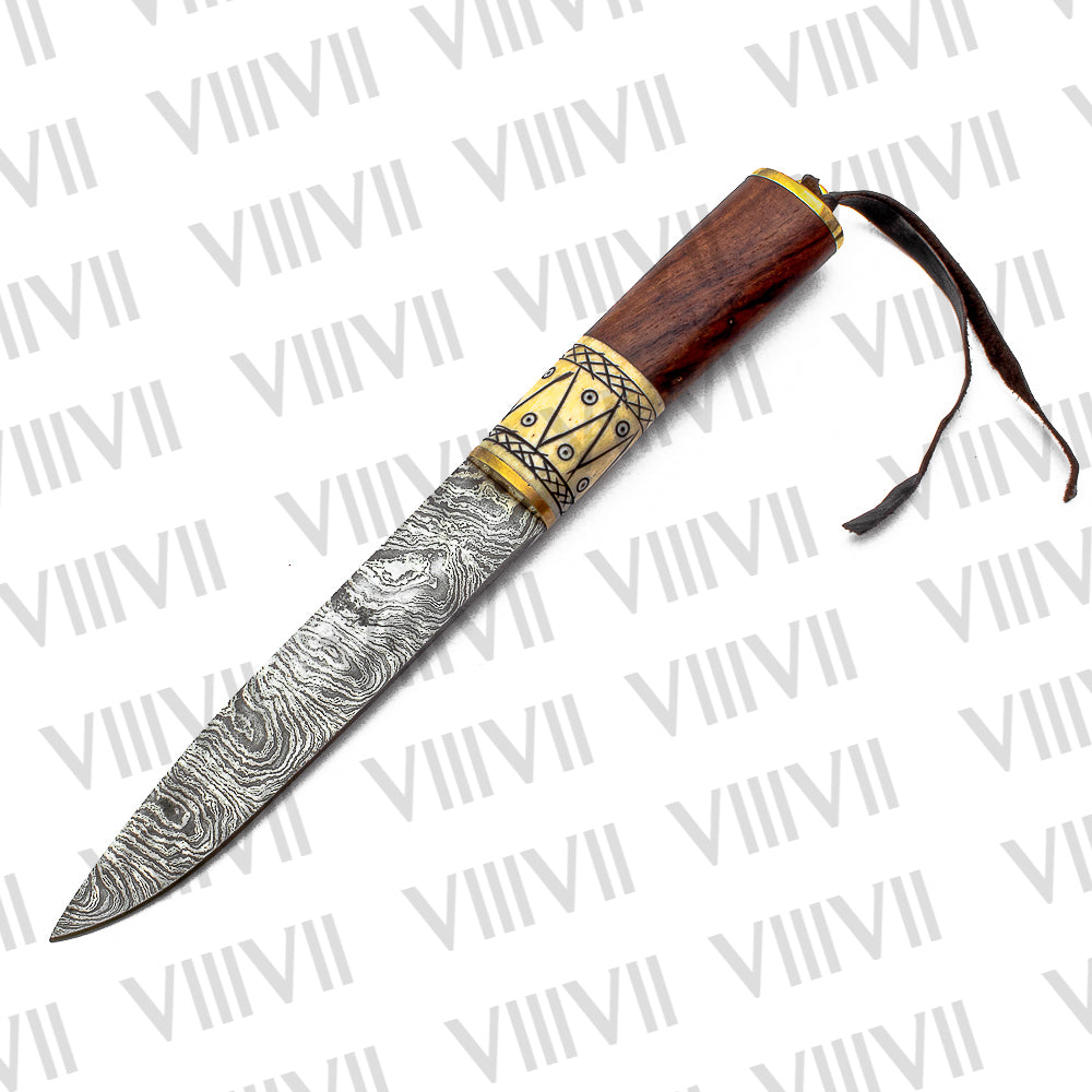 Viking Knife with Damascus Steel Blade | Bone & Wood Handle | Hand Engraved Norse Pattern