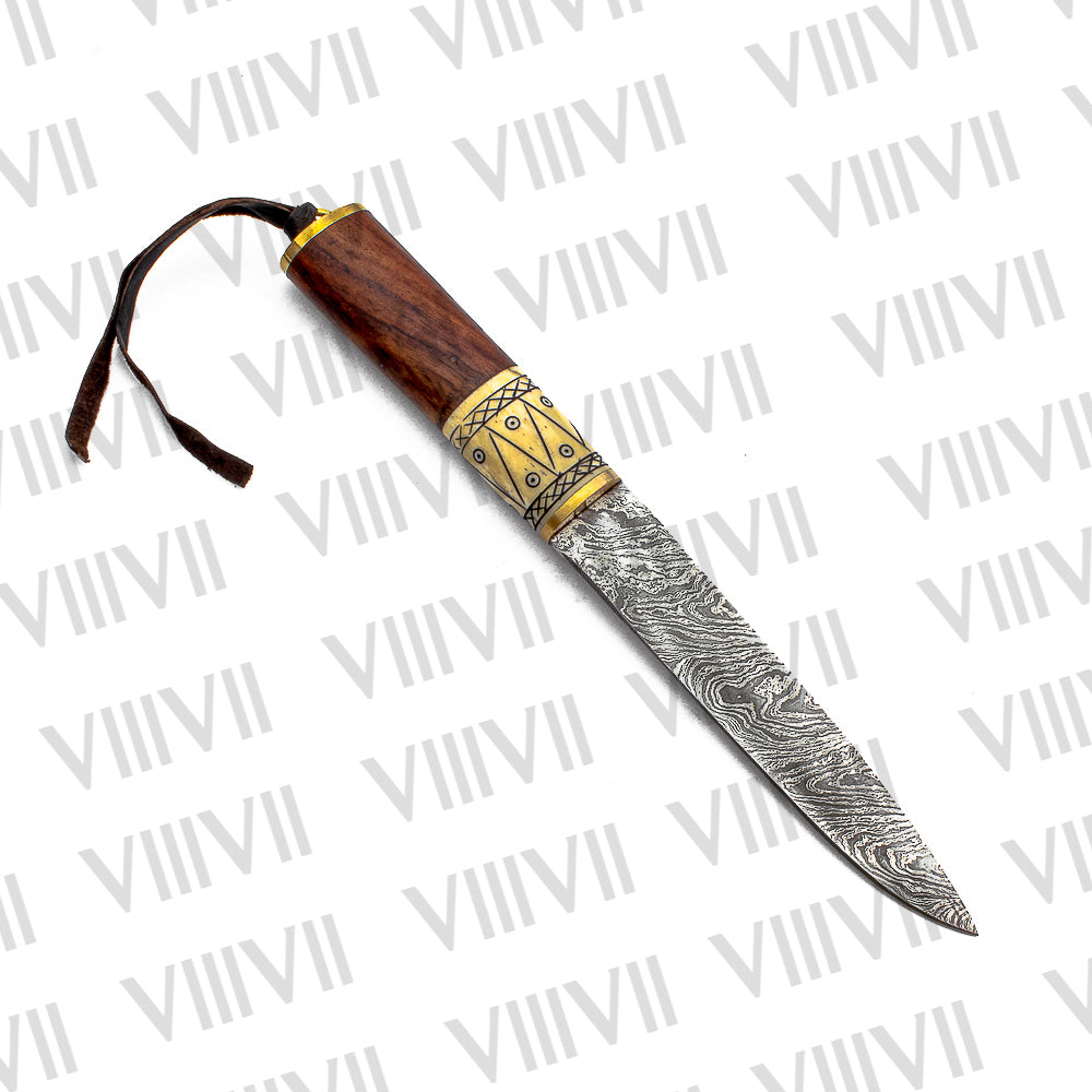 Viking Knife with Damascus Steel Blade | Bone & Wood Handle | Hand Engraved Norse Pattern