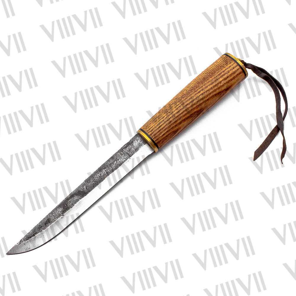 Viking Knife with Forged Steel Blade | Ash Wood Handle & Brass-Trimmed Leather Sheath