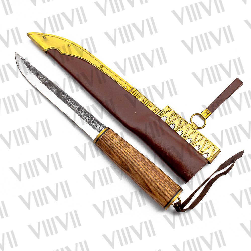 Viking Knife with Forged Steel Blade | Ash Wood Handle & Brass-Trimmed Leather Sheath
