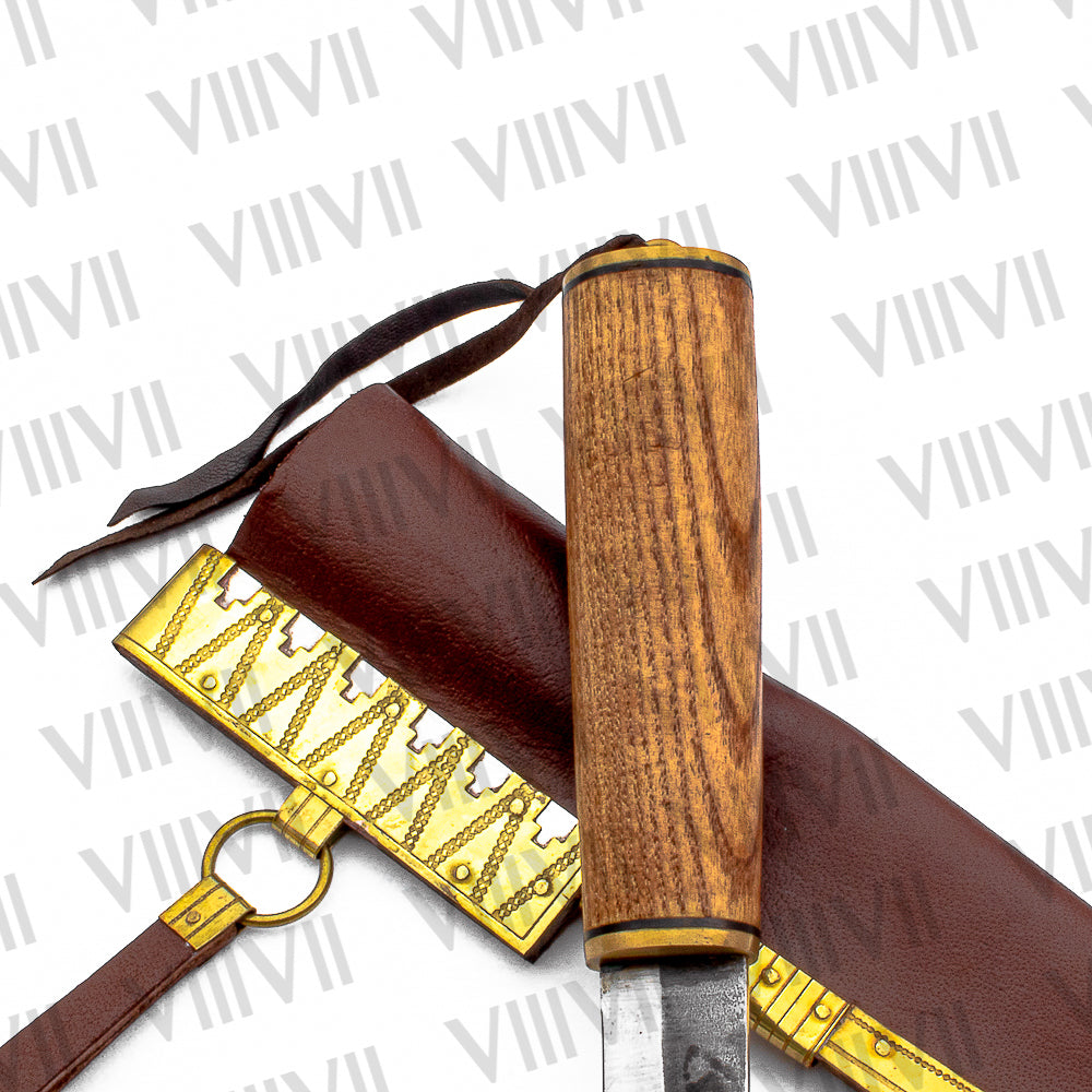 Viking Knife with Forged Steel Blade | Ash Wood Handle & Brass-Trimmed Leather Sheath