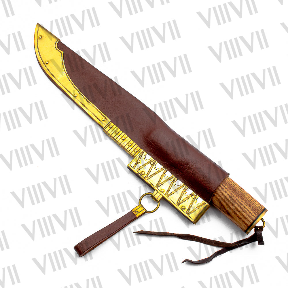 Viking Knife with Forged Steel Blade | Ash Wood Handle & Brass-Trimmed Leather Sheath