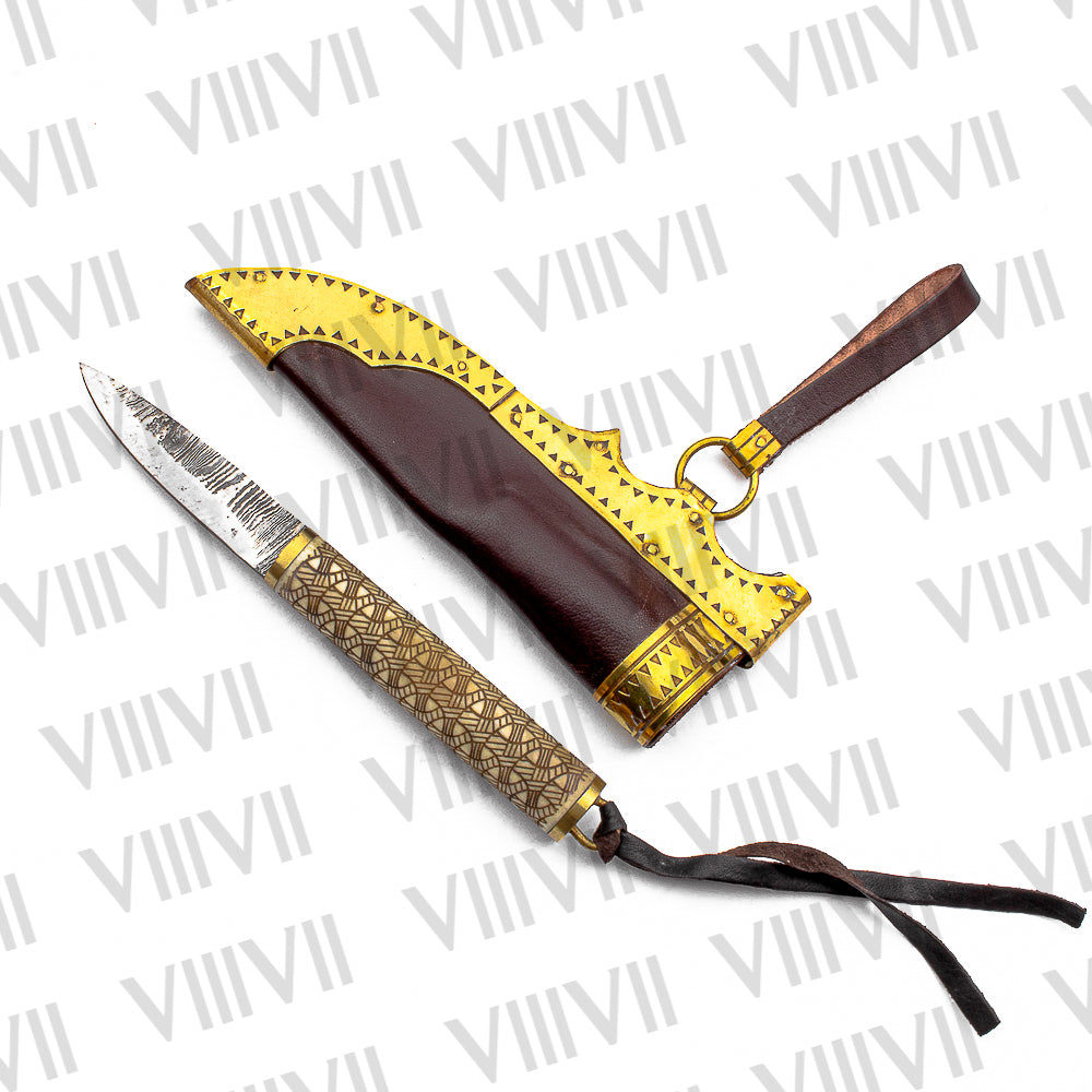 Viking Knife with Damascus Steel Blade | Engraved Bone Handle & Brass-Trimmed Leather Sheath