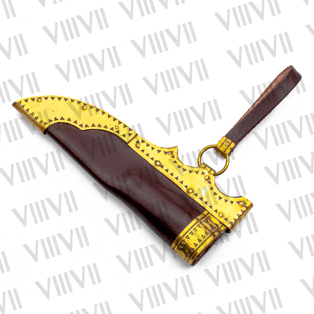 Viking Knife with Damascus Steel Blade | Engraved Bone Handle & Brass-Trimmed Leather Sheath