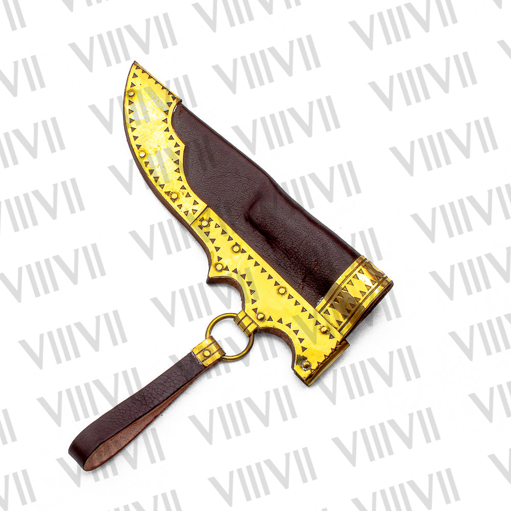 Viking Knife with Damascus Steel Blade | Engraved Bone Handle & Brass-Trimmed Leather Sheath