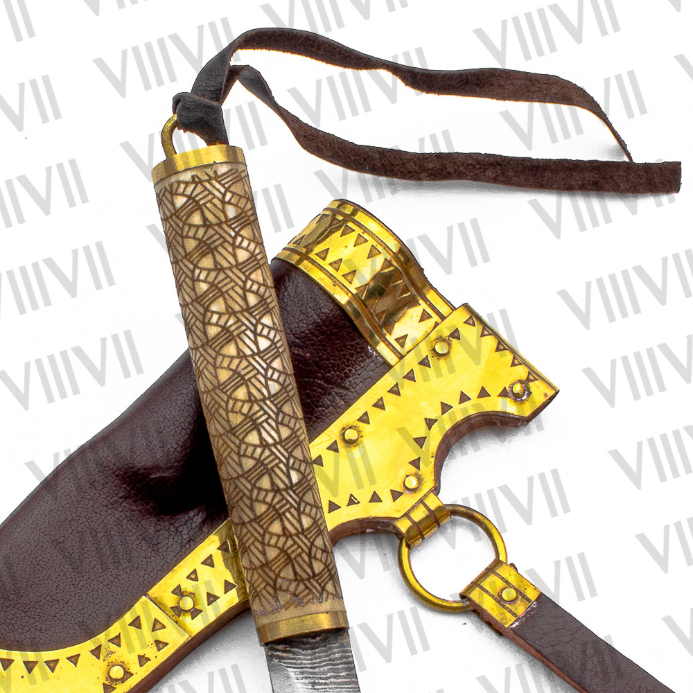 Viking Knife with Damascus Steel Blade | Engraved Bone Handle & Brass-Trimmed Leather Sheath