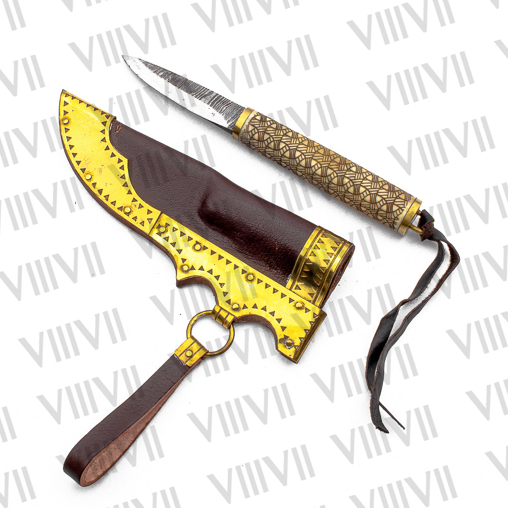 Viking Knife with Damascus Steel Blade | Engraved Bone Handle & Brass-Trimmed Leather Sheath