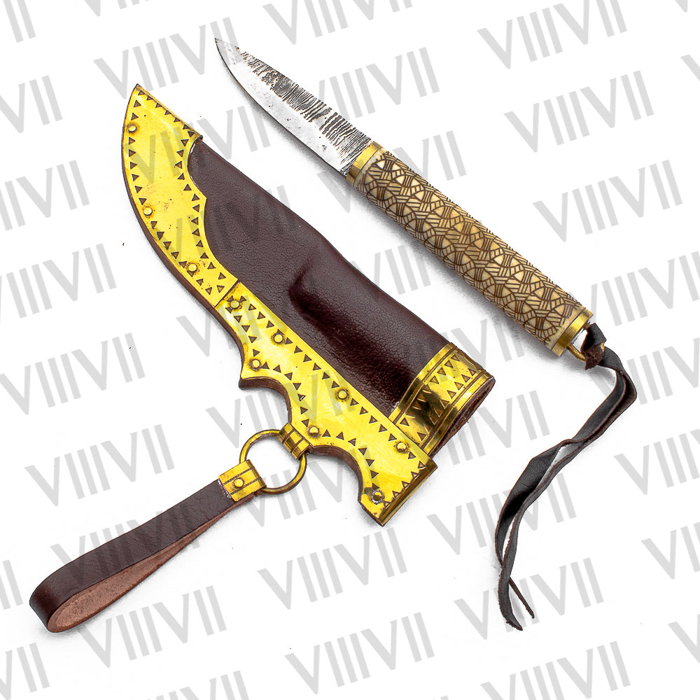 Viking Knife with Damascus Steel Blade | Engraved Bone Handle & Brass-Trimmed Leather Sheath