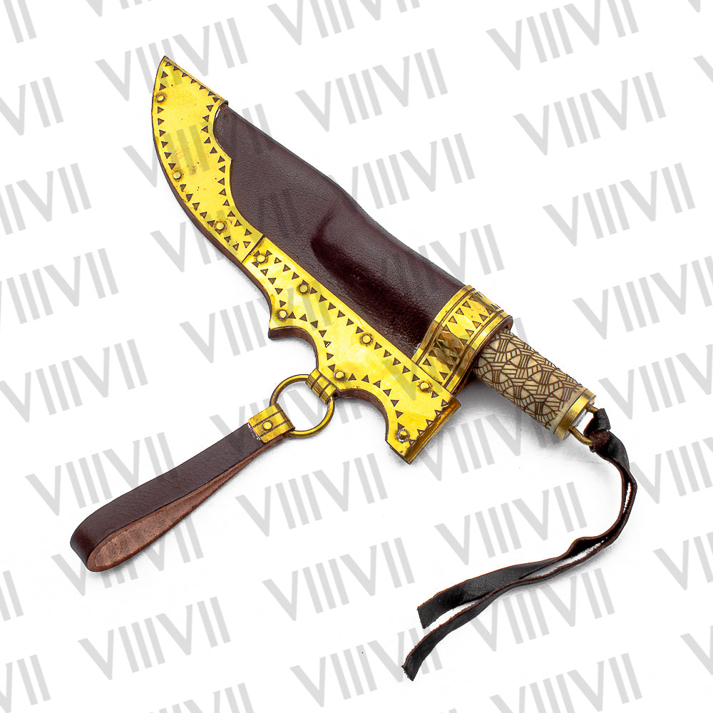 Viking Knife with Damascus Steel Blade | Engraved Bone Handle & Brass-Trimmed Leather Sheath