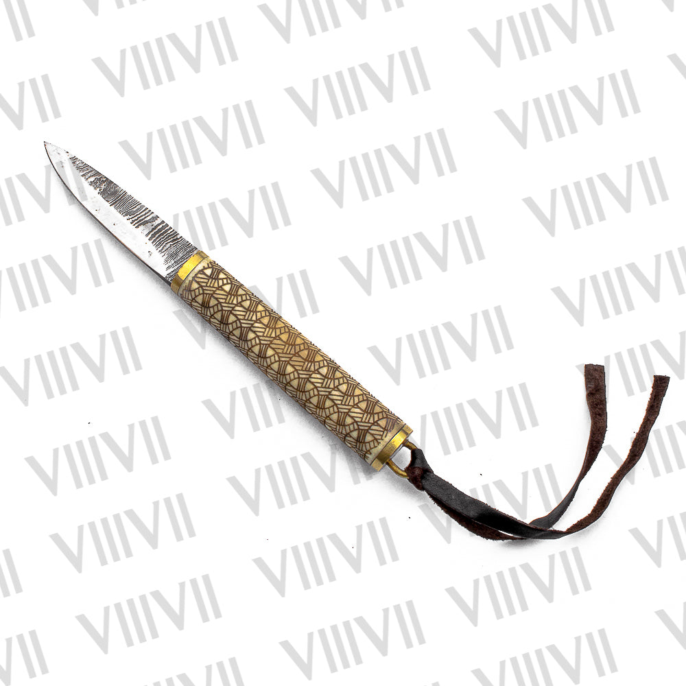 Viking Knife with Damascus Steel Blade | Engraved Bone Handle & Brass-Trimmed Leather Sheath