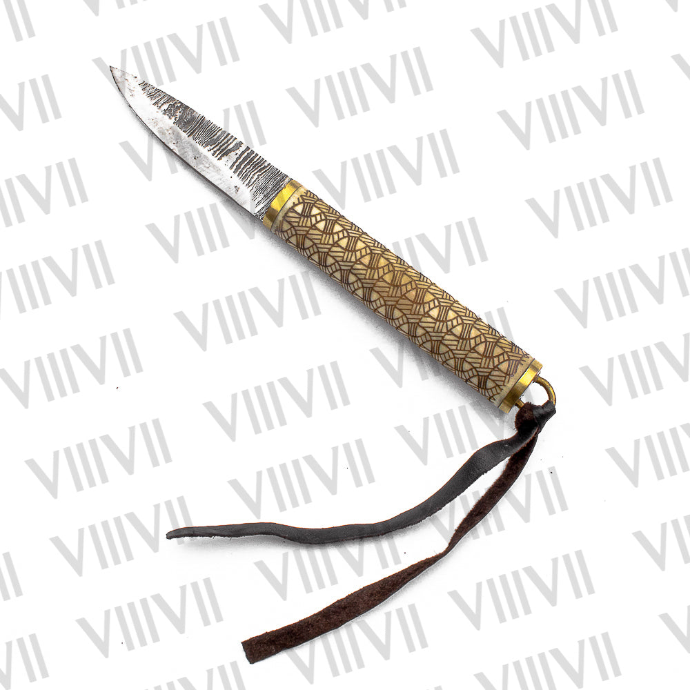 Viking Knife with Damascus Steel Blade | Engraved Bone Handle & Brass-Trimmed Leather Sheath
