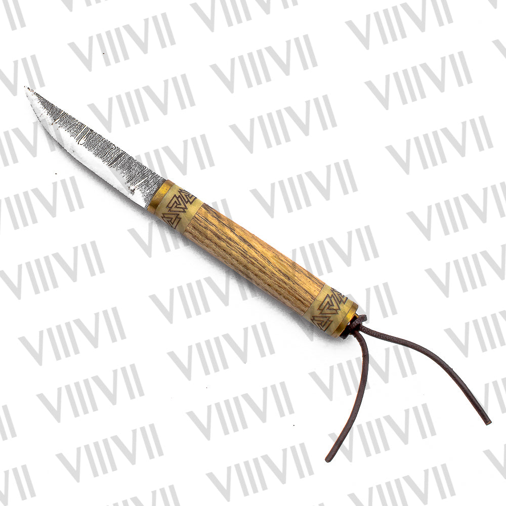 Viking Knife with Damascus Steel Blade | Celtic Engraved Bone & Ash Wood Handle | Brass-Trimmed Leather Sheath