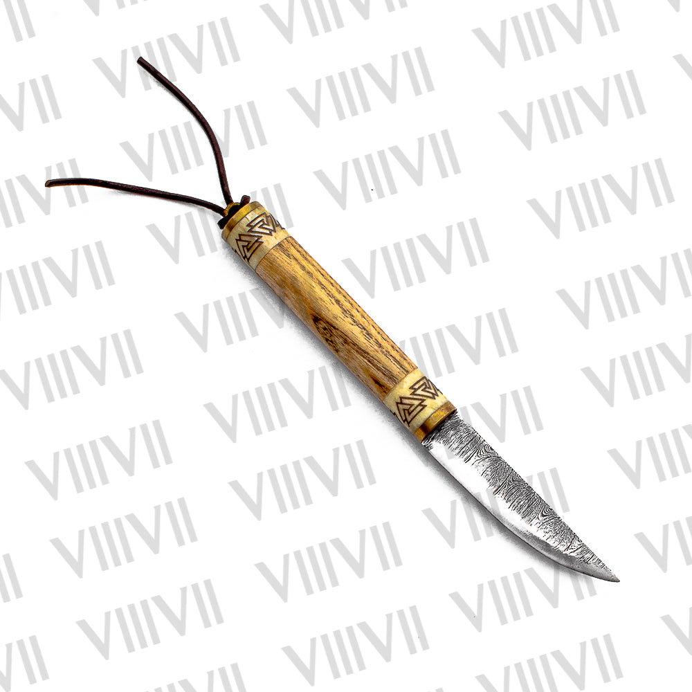 Viking Knife with Damascus Steel Blade | Celtic Engraved Bone & Ash Wood Handle | Brass-Trimmed Leather Sheath
