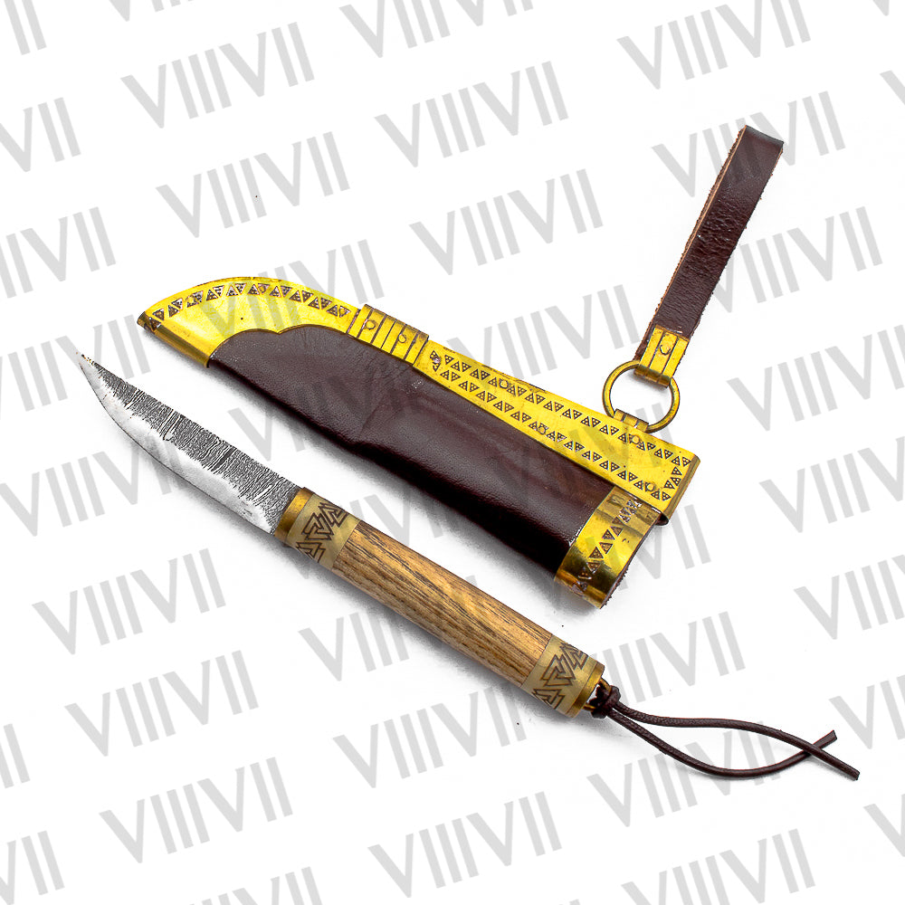 Viking Knife with Damascus Steel Blade | Celtic Engraved Bone & Ash Wood Handle | Brass-Trimmed Leather Sheath