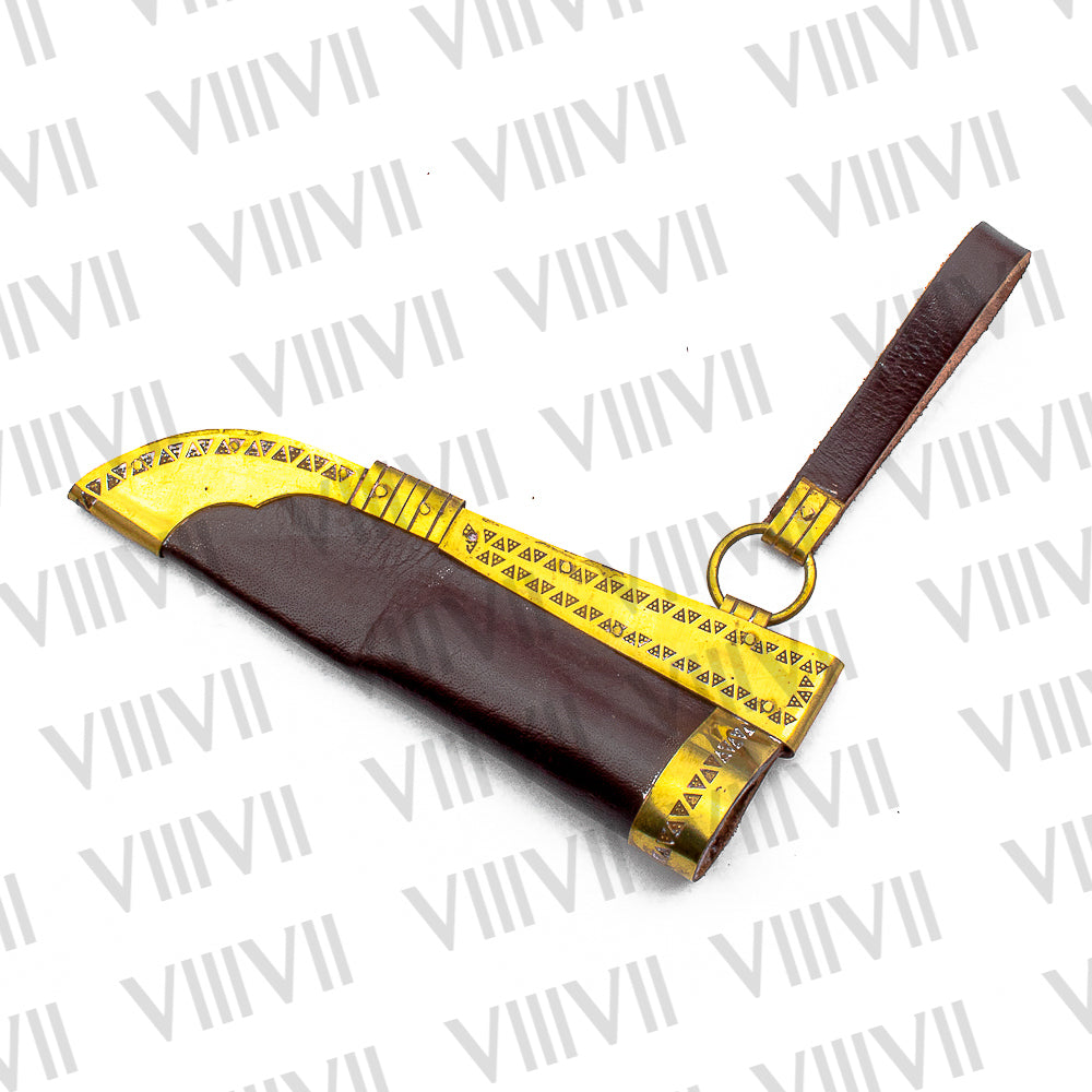 Viking Knife with Damascus Steel Blade | Celtic Engraved Bone & Ash Wood Handle | Brass-Trimmed Leather Sheath