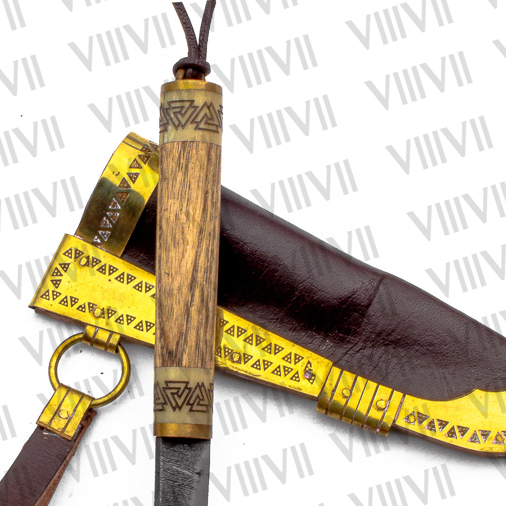 Viking Knife with Damascus Steel Blade | Celtic Engraved Bone & Ash Wood Handle | Brass-Trimmed Leather Sheath