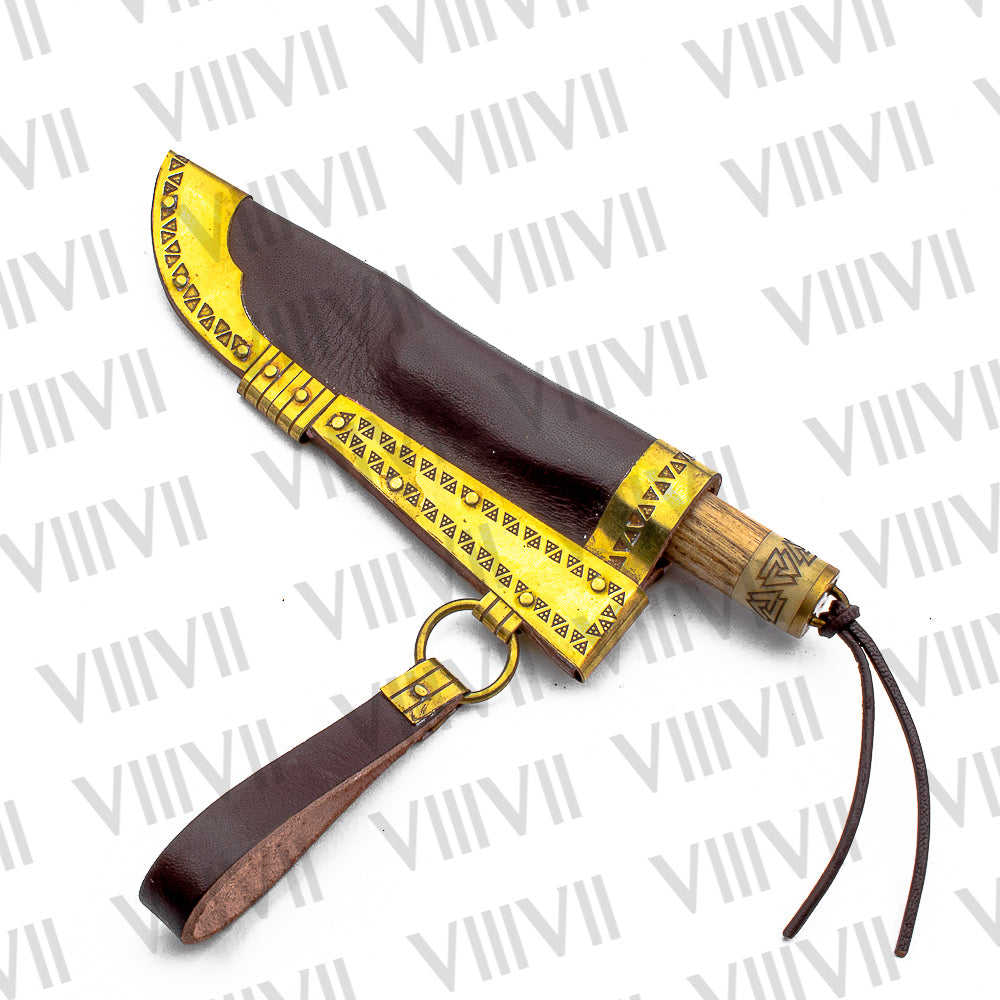Viking Knife with Damascus Steel Blade | Celtic Engraved Bone & Ash Wood Handle | Brass-Trimmed Leather Sheath