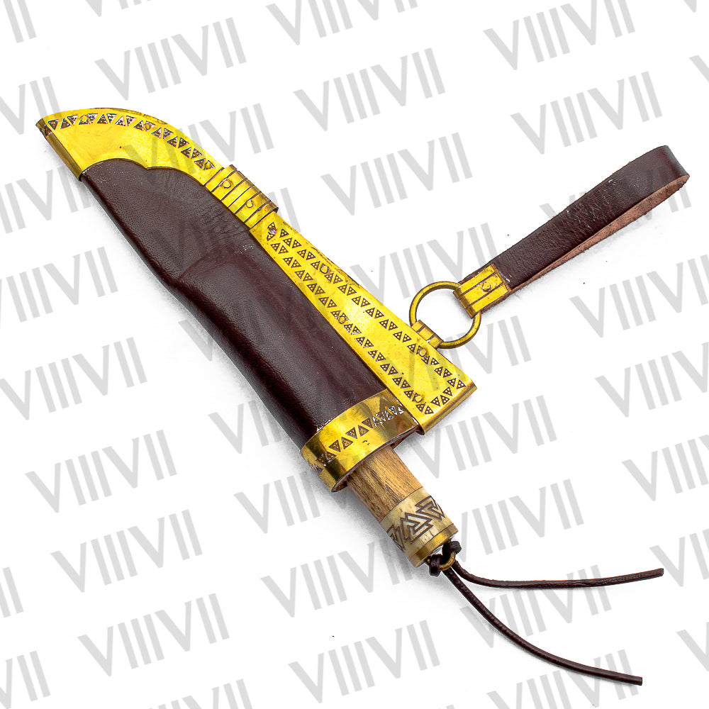 Viking Knife with Damascus Steel Blade | Celtic Engraved Bone & Ash Wood Handle | Brass-Trimmed Leather Sheath
