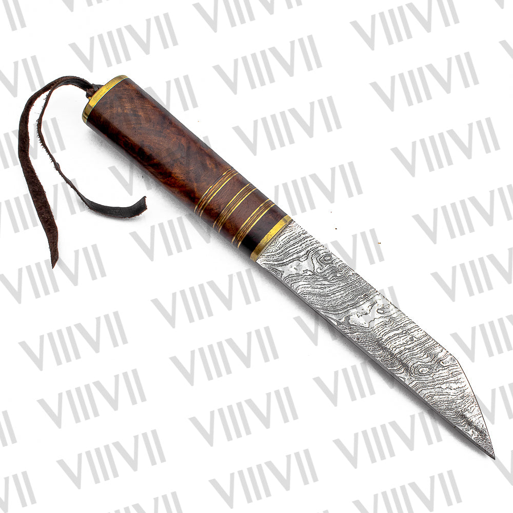 Seax Knife with Damascus Steel Blade | Rosewood Handle with Brass Spacers | Brass-Decorated Leather Sheath