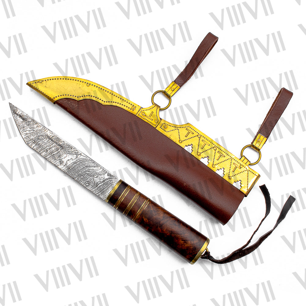 Seax Knife with Damascus Steel Blade | Rosewood Handle with Brass Spacers | Brass-Decorated Leather Sheath