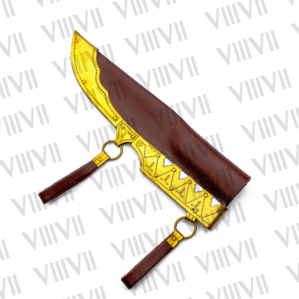 Seax Knife with Damascus Steel Blade | Rosewood Handle with Brass Spacers | Brass-Decorated Leather Sheath