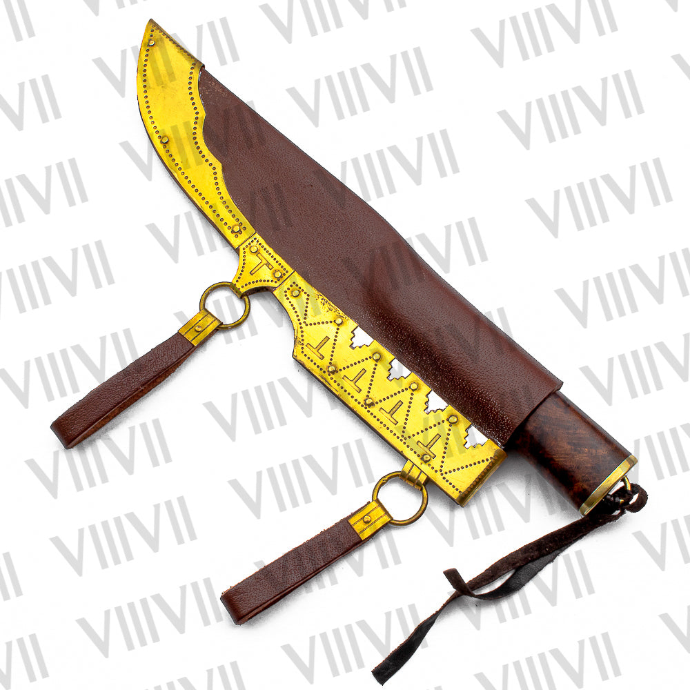 Seax Knife with Damascus Steel Blade | Rosewood Handle with Brass Spacers | Brass-Decorated Leather Sheath