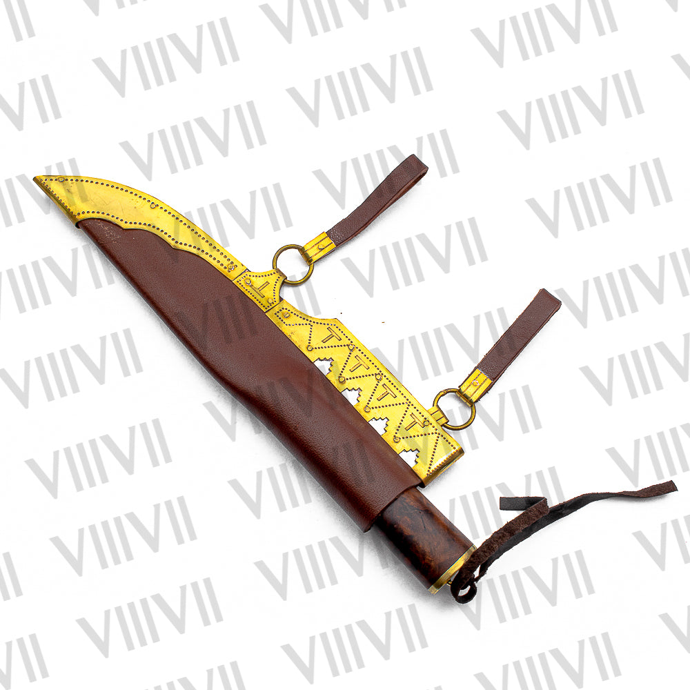 Seax Knife with Damascus Steel Blade | Rosewood Handle with Brass Spacers | Brass-Decorated Leather Sheath