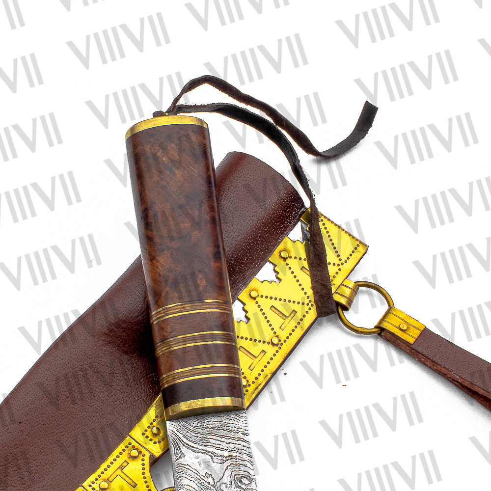 Seax Knife with Damascus Steel Blade | Rosewood Handle with Brass Spacers | Brass-Decorated Leather Sheath