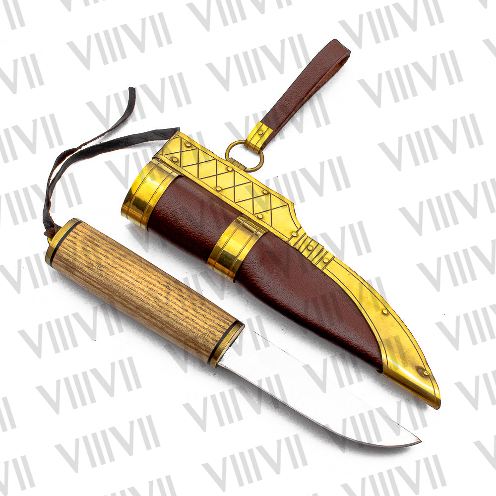 Viking Knife with Ash Wood Handle | Handcrafted Blade & Decorative Leather Sheath