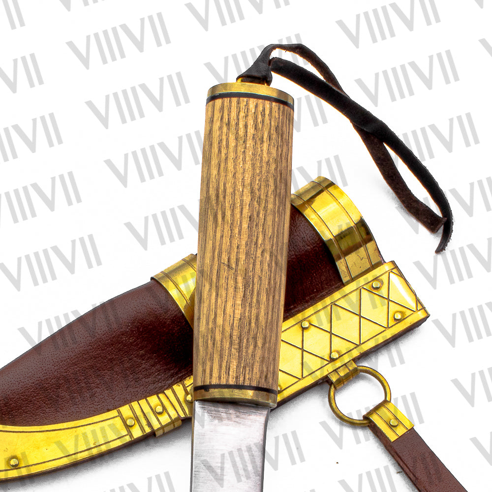 Viking Knife with Ash Wood Handle | Handcrafted Blade & Decorative Leather Sheath