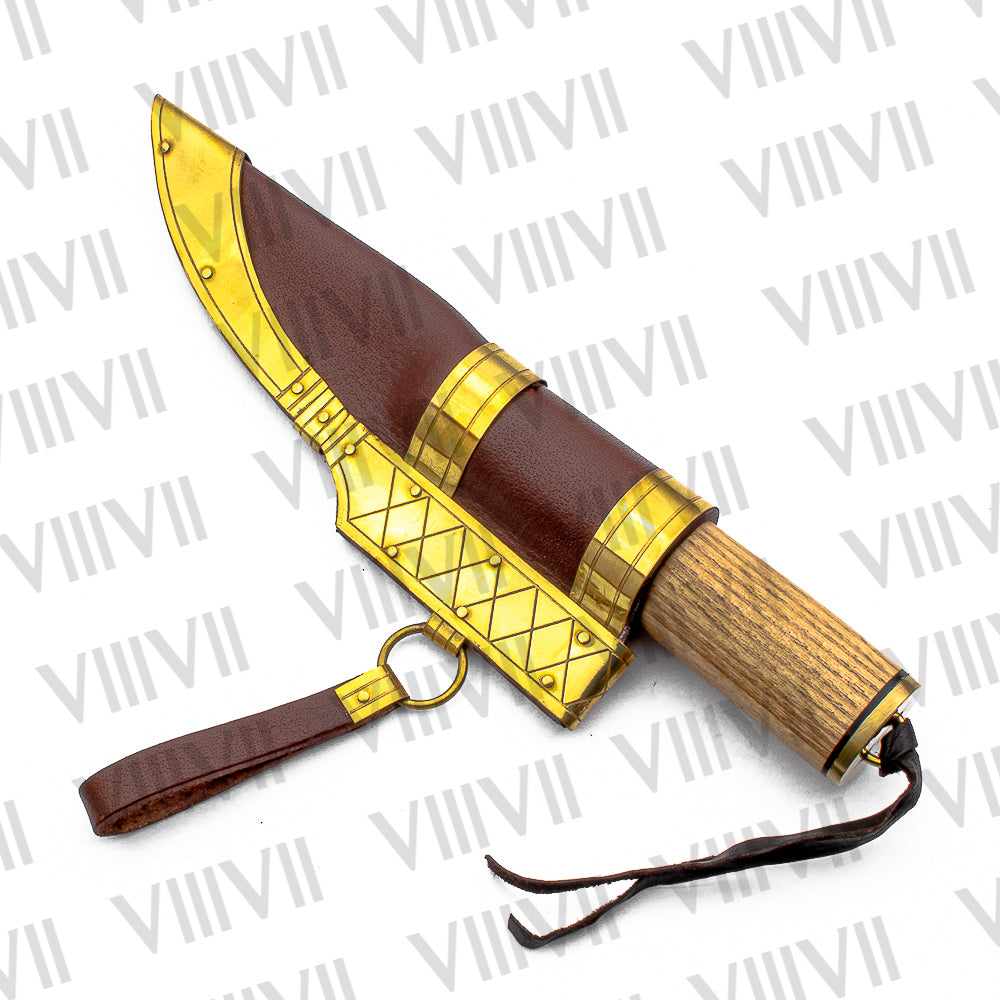 Viking Knife with Ash Wood Handle | Handcrafted Blade & Decorative Leather Sheath