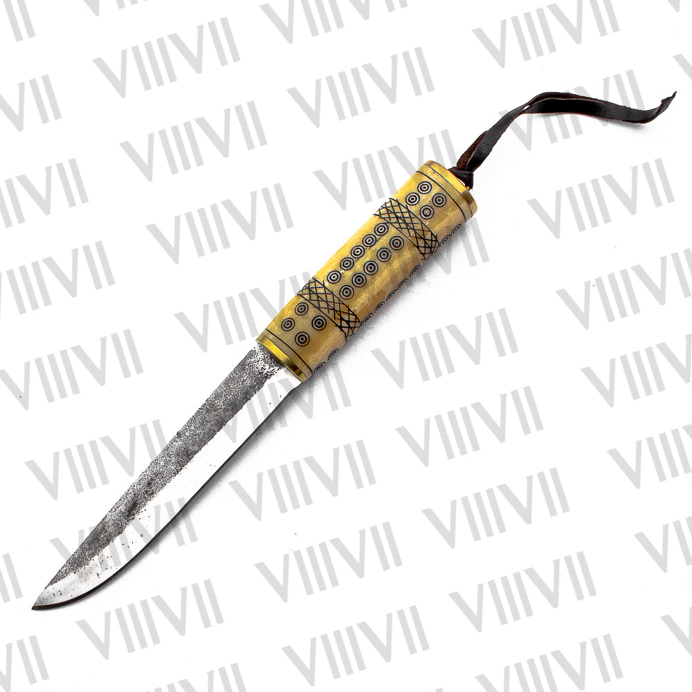 Viking Knife with Stainless Steel Blade | Engraved Bone Handle & Brass-Decorated Leather Sheath