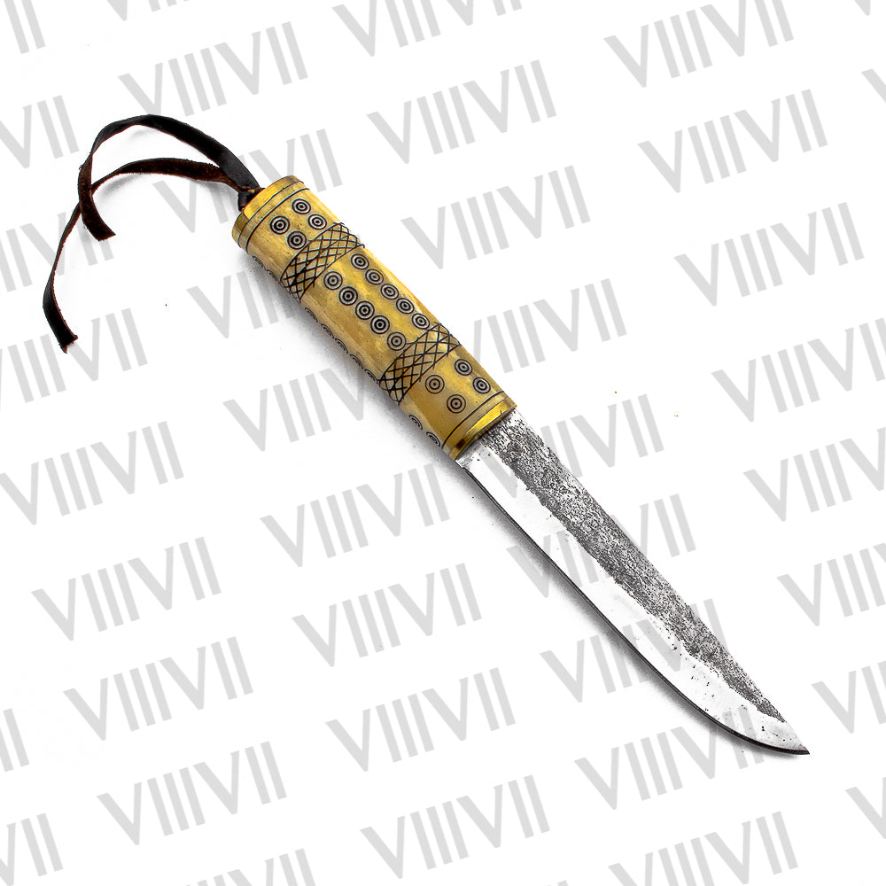 Viking Knife with Stainless Steel Blade | Engraved Bone Handle & Brass-Decorated Leather Sheath