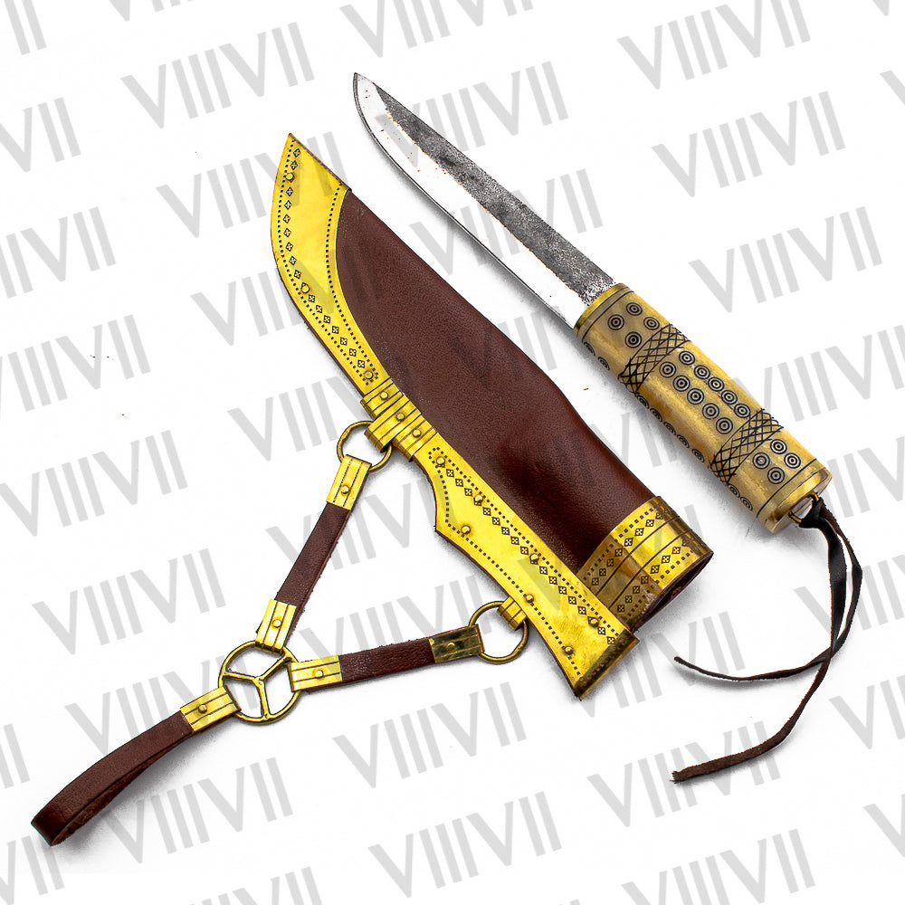 Viking Knife with Stainless Steel Blade | Engraved Bone Handle & Brass-Decorated Leather Sheath