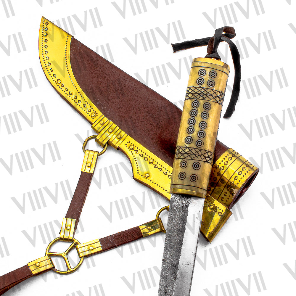 Viking Knife with Stainless Steel Blade | Engraved Bone Handle & Brass-Decorated Leather Sheath