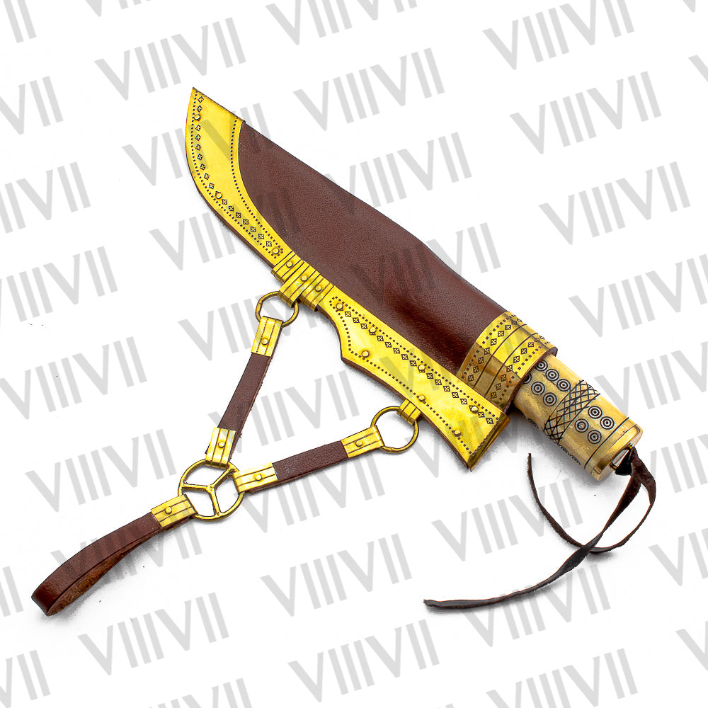 Viking Knife with Stainless Steel Blade | Engraved Bone Handle & Brass-Decorated Leather Sheath