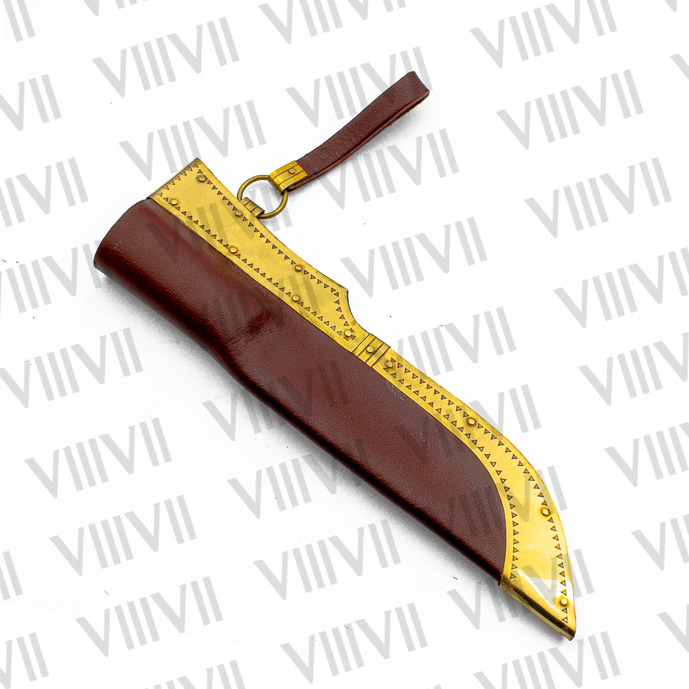 Viking Knife with Forged Stainless Steel Blade | Engraved Olive Wood Handle & Brass-Decorated Leather Sheath