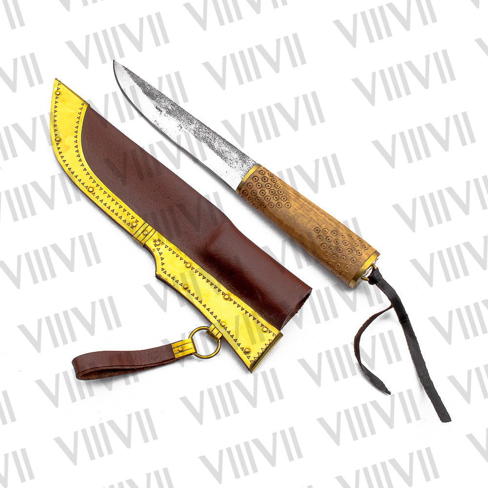 Viking Knife with Forged Stainless Steel Blade | Engraved Olive Wood Handle & Brass-Decorated Leather Sheath