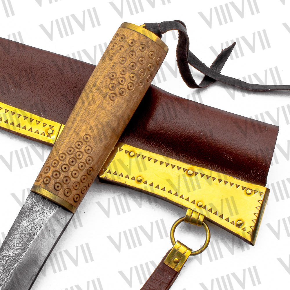 Viking Knife with Forged Stainless Steel Blade | Engraved Olive Wood Handle & Brass-Decorated Leather Sheath
