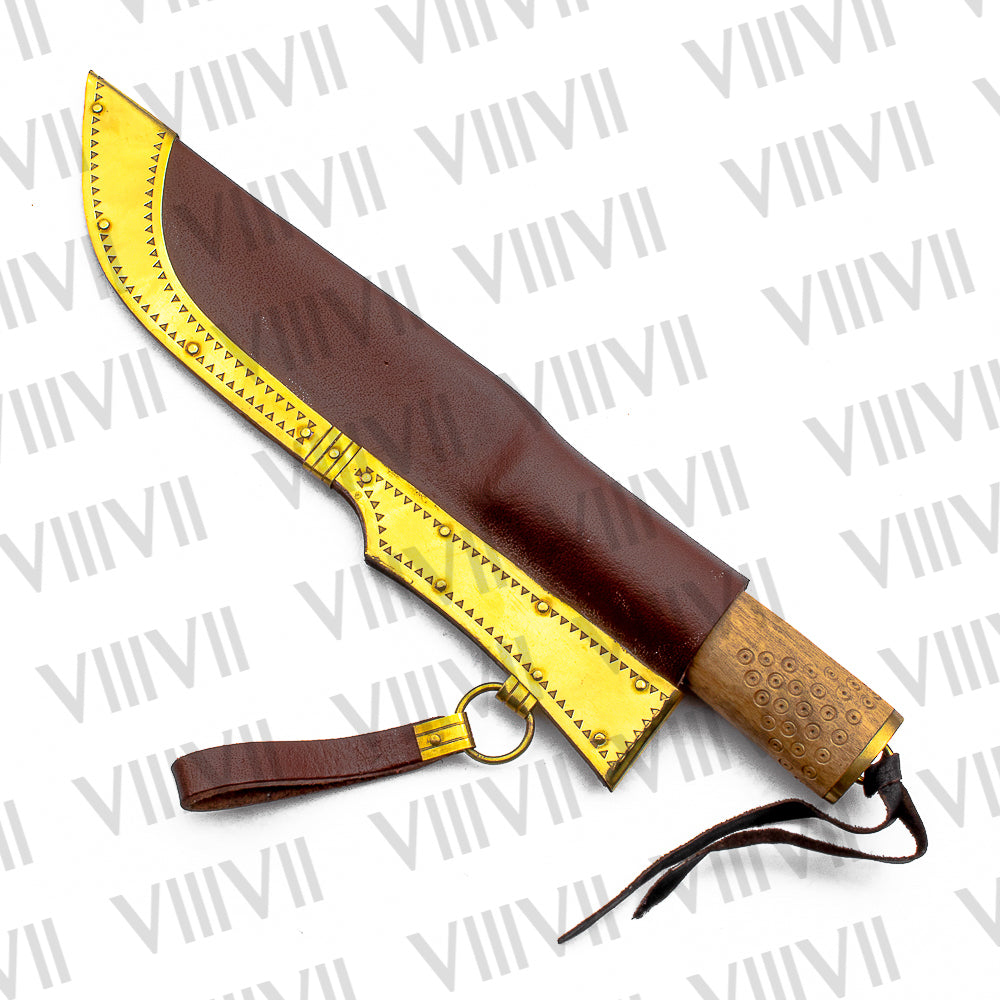 Viking Knife with Forged Stainless Steel Blade | Engraved Olive Wood Handle & Brass-Decorated Leather Sheath